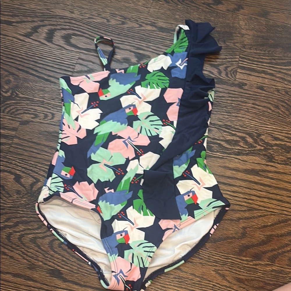 Tropical Leaf Print Kids' One-Shoulder Swimsuit